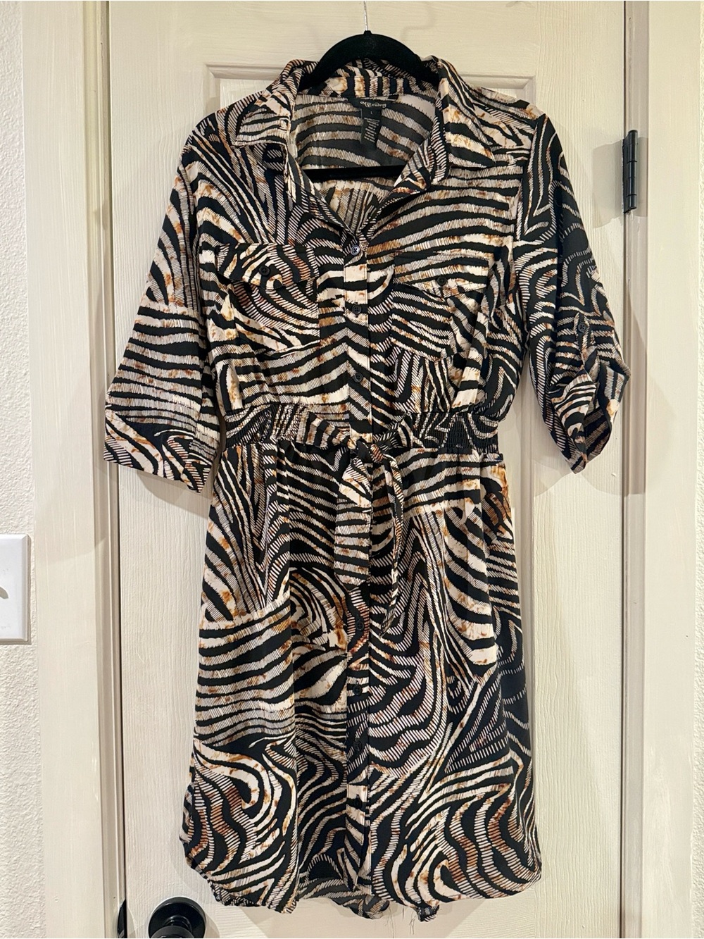Zebra-Print Button-Front Dress in Black and Tan